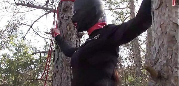  Outdoor sex in the wood. Wearing sexy clothes and high heels, bound, throated and fucked